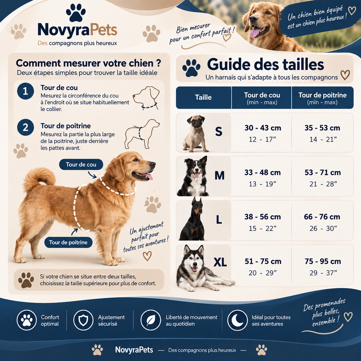 Guide fourni : S, cou 30–43 cm, poitrine 35–53 cm ; M, cou 33–48 cm, poitrine 53–71 cm ; L, cou 38–56 cm, poitrine 66–76 cm ; XL, cou 51–75 cm, poitrine 75–95 cm.