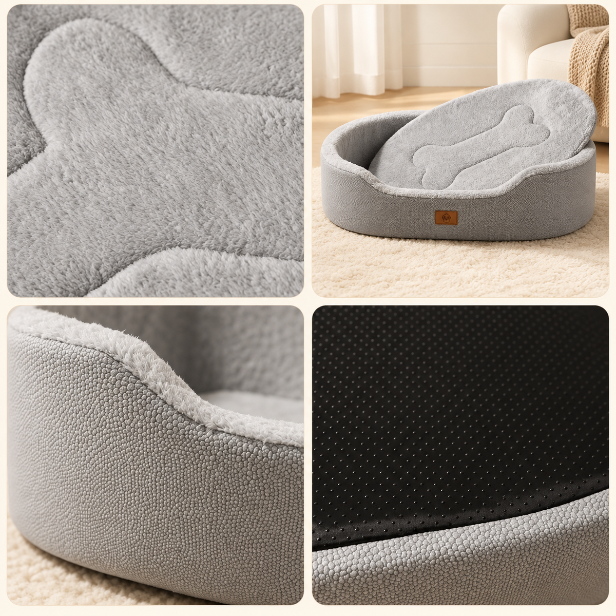 Détails du panier : revêtement doux, coussin retiré, bordure et dessous.
